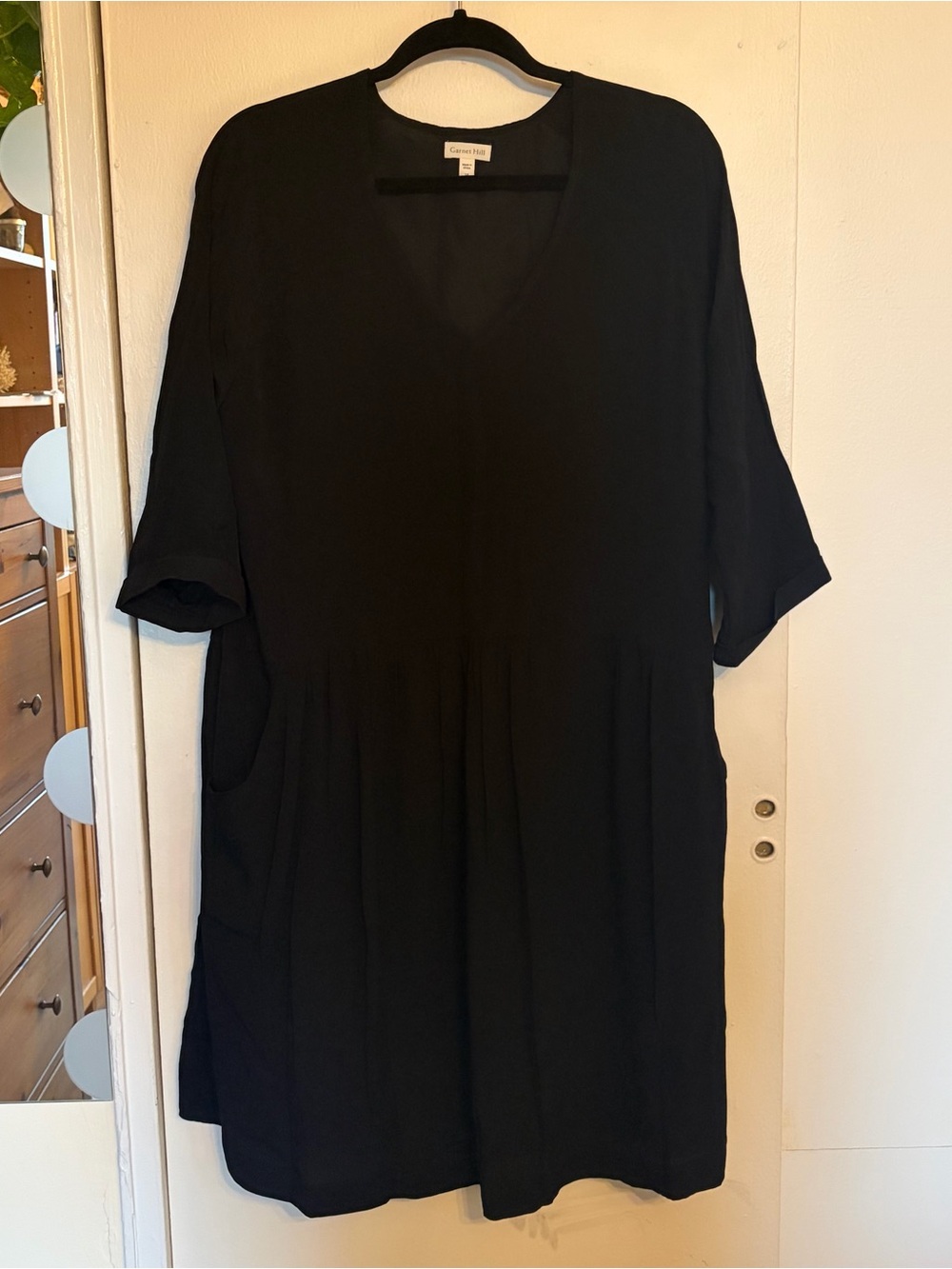Garnet Hill Black V-Neck Midi Dress with Pockets